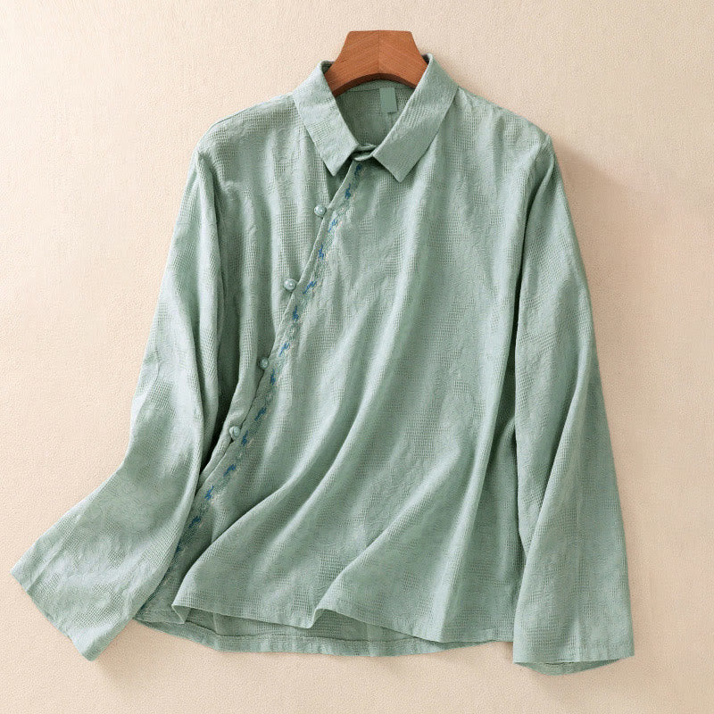 Embroidered Cotton Asymmetrical Frog-Button Long Sleeve Shirt