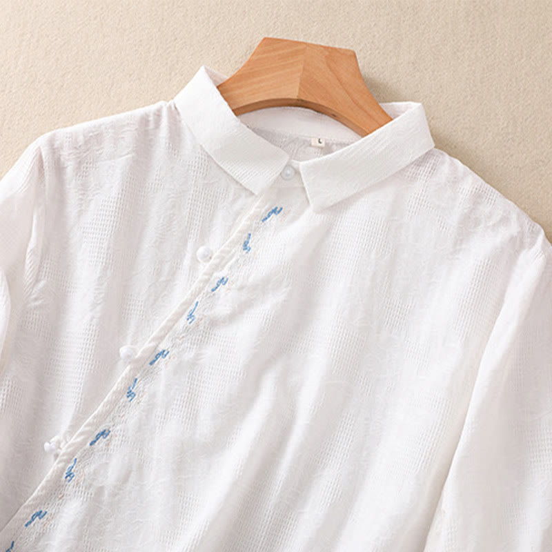 Embroidered Cotton Asymmetrical Frog-Button Long Sleeve Shirt