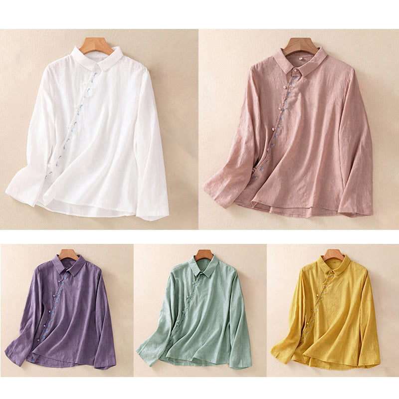 Embroidered Cotton Asymmetrical Frog-Button Long Sleeve Shirt