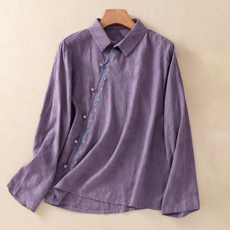 Embroidered Cotton Asymmetrical Frog-Button Long Sleeve Shirt