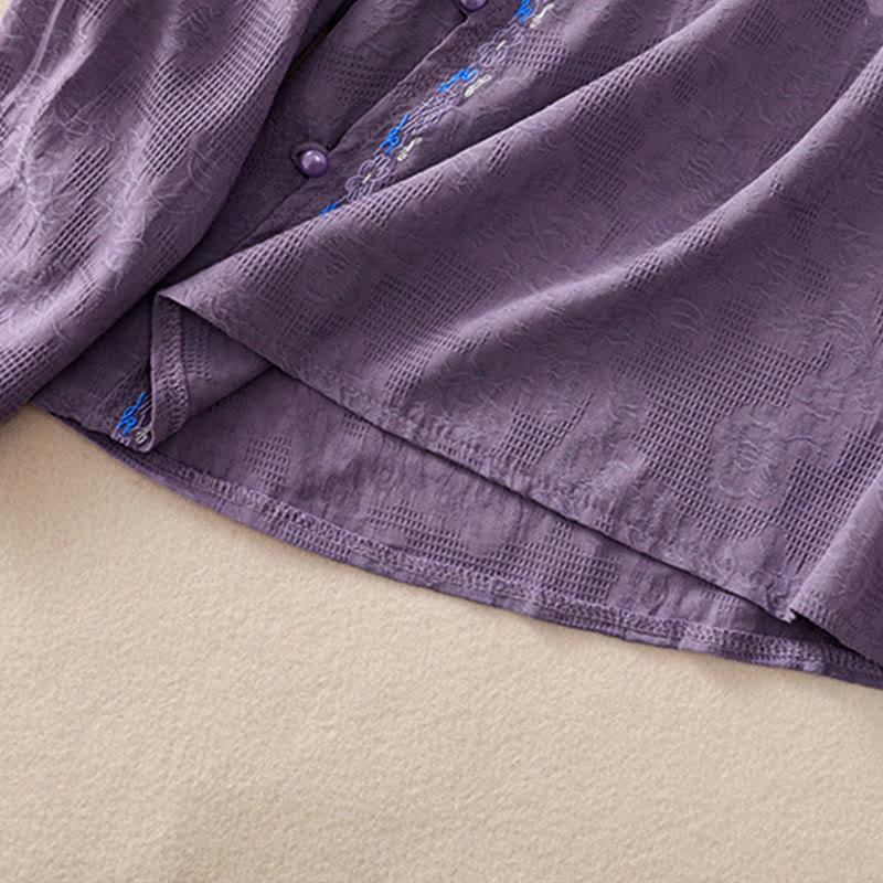 Embroidered Cotton Asymmetrical Frog-Button Long Sleeve Shirt