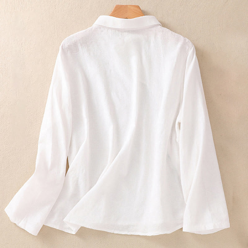 Embroidered Cotton Asymmetrical Frog-Button Long Sleeve Shirt