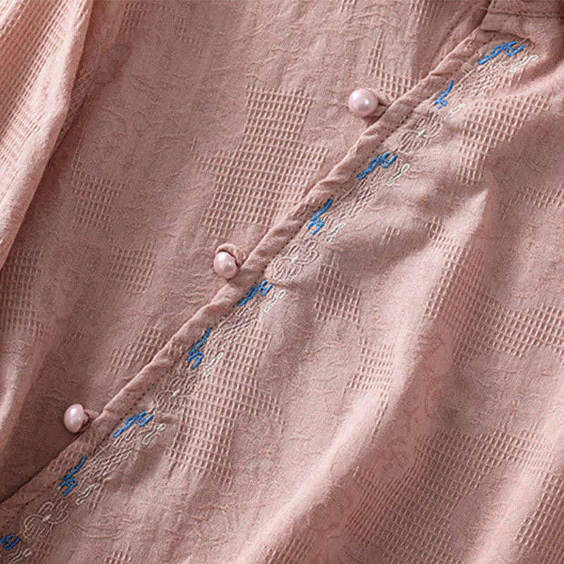 Embroidered Cotton Asymmetrical Frog-Button Long Sleeve Shirt