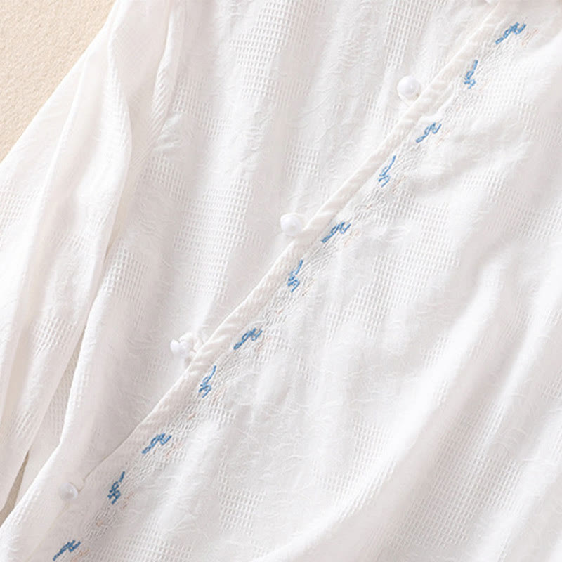 Embroidered Cotton Asymmetrical Frog-Button Long Sleeve Shirt