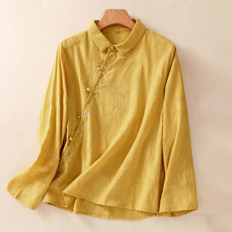 Embroidered Cotton Asymmetrical Frog-Button Long Sleeve Shirt