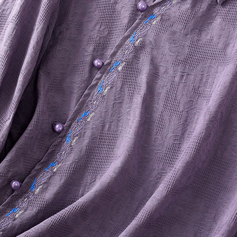Embroidered Cotton Asymmetrical Frog-Button Long Sleeve Shirt