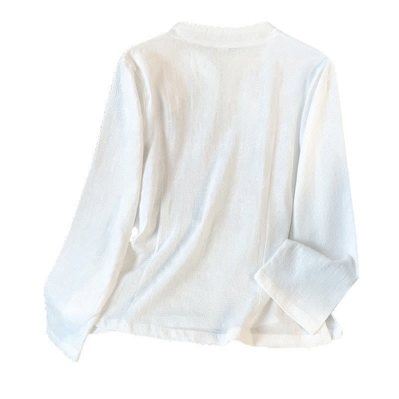 Commute Jacquard Chinese Frog-Button Mandarin Collar Long Sleeve Women's Cotton Shirt