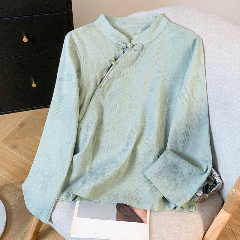 Commute Jacquard Chinese Frog-Button Mandarin Collar Long Sleeve Women's Cotton Shirt
