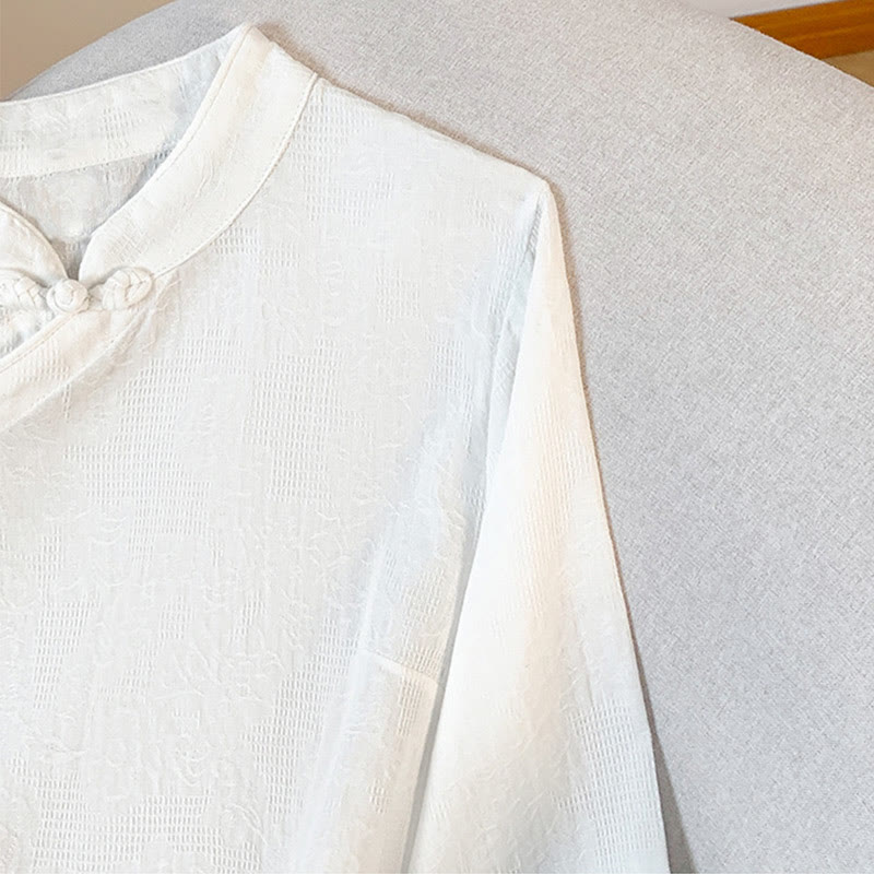 Commute Jacquard Chinese Frog-Button Mandarin Collar Long Sleeve Women's Cotton Shirt