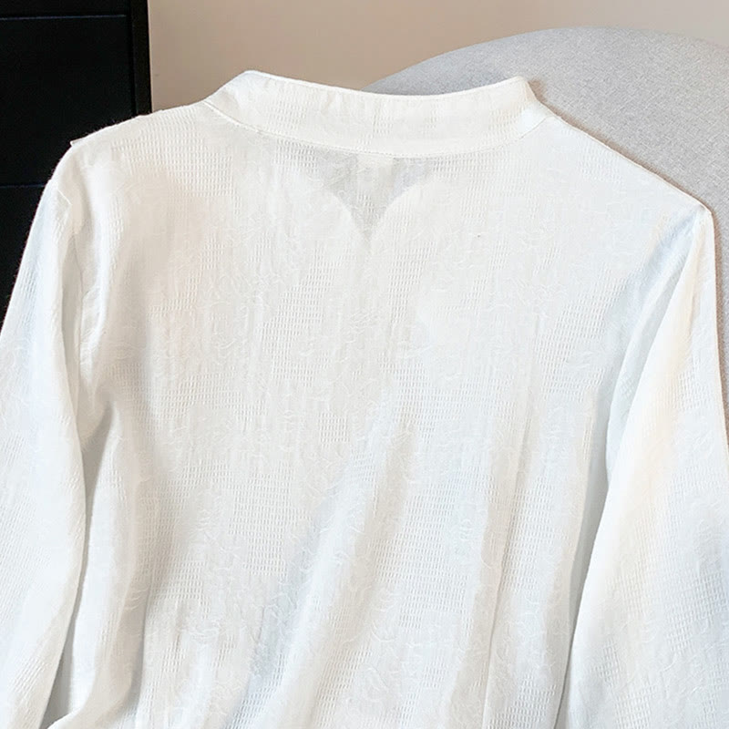 Commute Jacquard Chinese Frog-Button Mandarin Collar Long Sleeve Women's Cotton Shirt