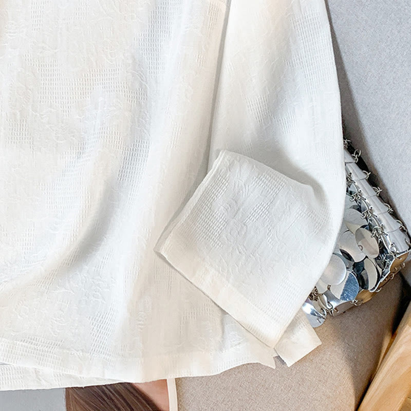 Commute Jacquard Chinese Frog-Button Mandarin Collar Long Sleeve Women's Cotton Shirt