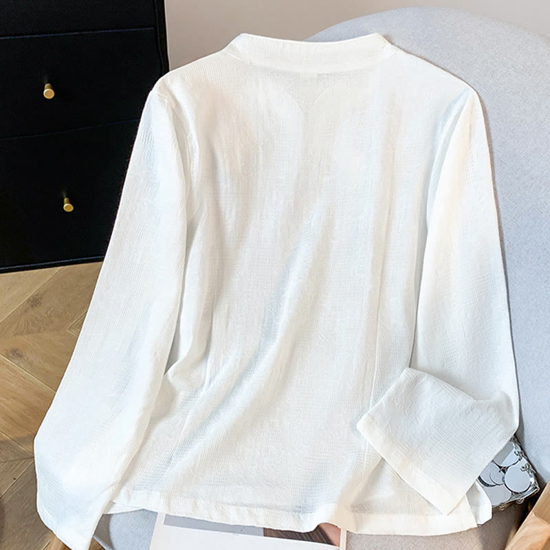 Commute Jacquard Chinese Frog-Button Mandarin Collar Long Sleeve Women's Cotton Shirt