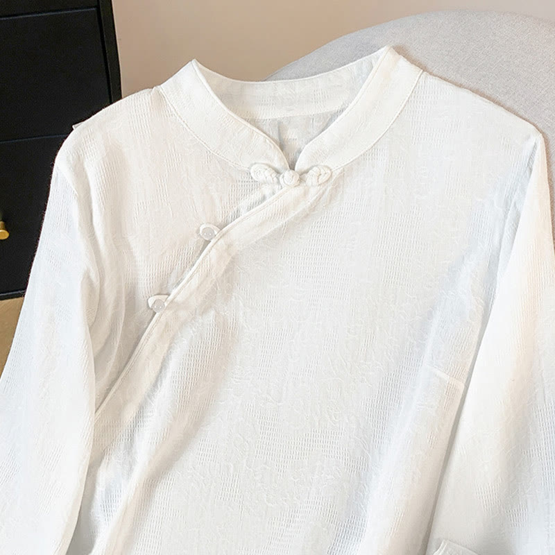 Commute Jacquard Chinese Frog-Button Mandarin Collar Long Sleeve Women's Cotton Shirt
