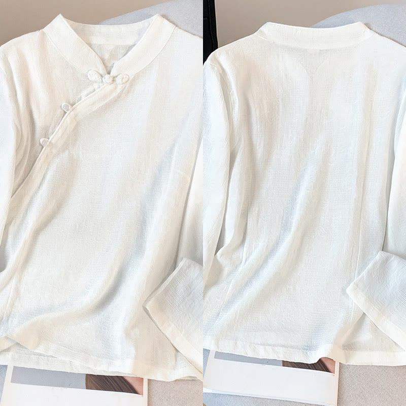 Commute Jacquard Chinese Frog-Button Mandarin Collar Long Sleeve Women's Cotton Shirt