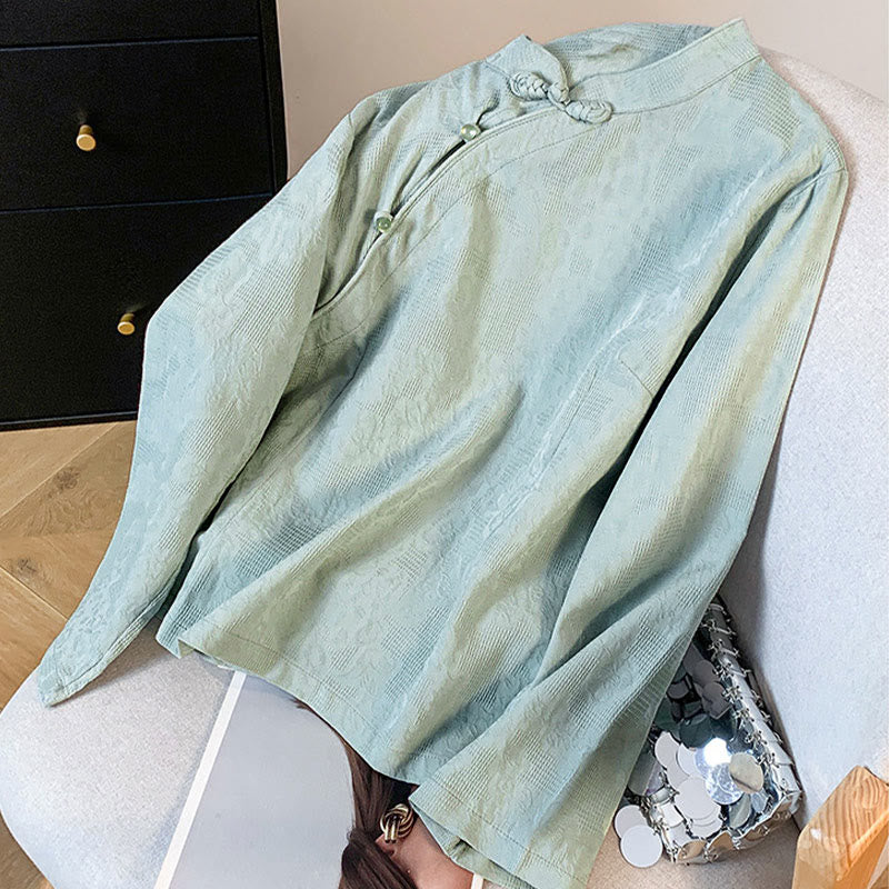 Commute Jacquard Chinese Frog-Button Mandarin Collar Long Sleeve Women's Cotton Shirt