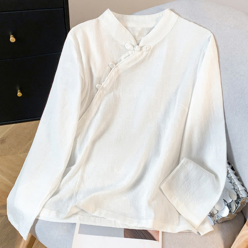 Commute Jacquard Chinese Frog-Button Mandarin Collar Long Sleeve Women's Cotton Shirt