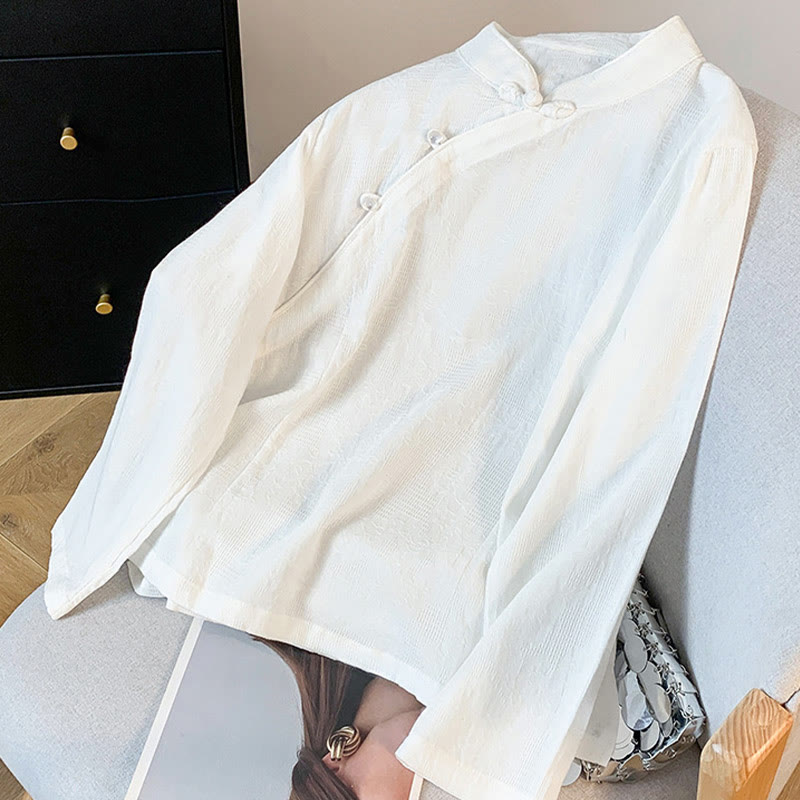Commute Jacquard Chinese Frog-Button Mandarin Collar Long Sleeve Women's Cotton Shirt