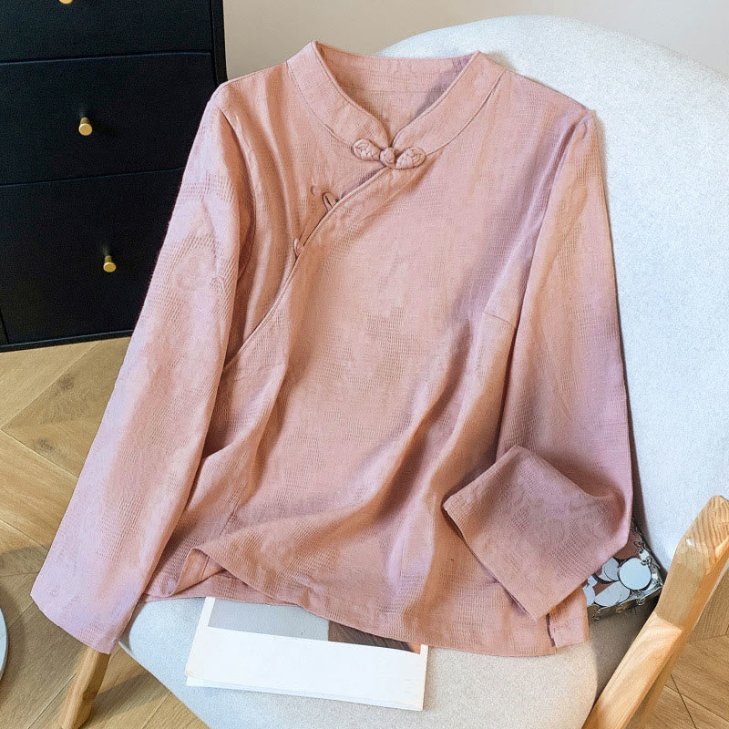 Commute Jacquard Chinese Frog-Button Mandarin Collar Long Sleeve Women's Cotton Shirt