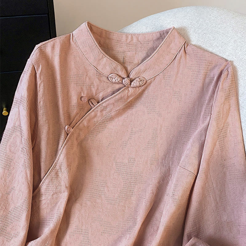 Commute Jacquard Chinese Frog-Button Mandarin Collar Long Sleeve Women's Cotton Shirt