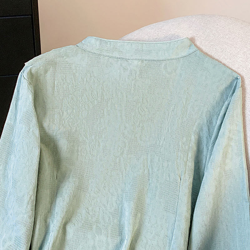 Commute Jacquard Chinese Frog-Button Mandarin Collar Long Sleeve Women's Cotton Shirt