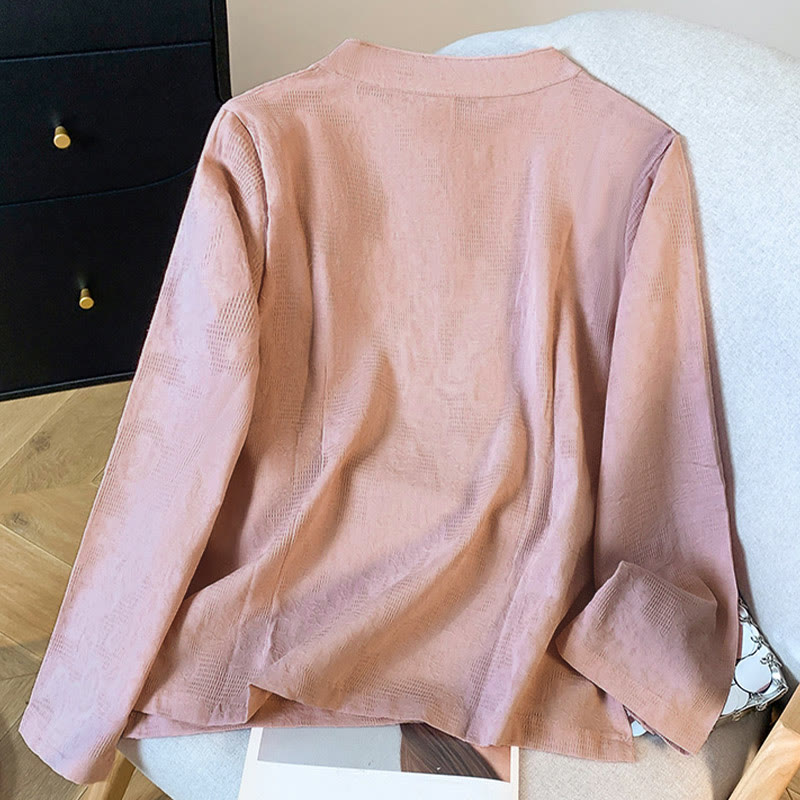 Commute Jacquard Chinese Frog-Button Mandarin Collar Long Sleeve Women's Cotton Shirt