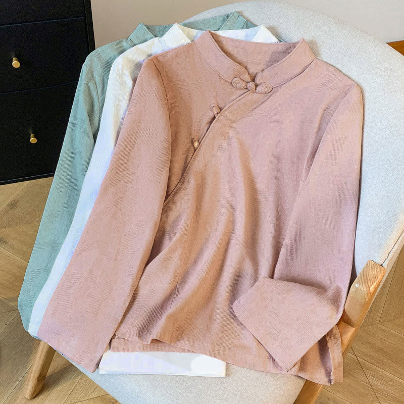 Commute Jacquard Chinese Frog-Button Mandarin Collar Long Sleeve Women's Cotton Shirt