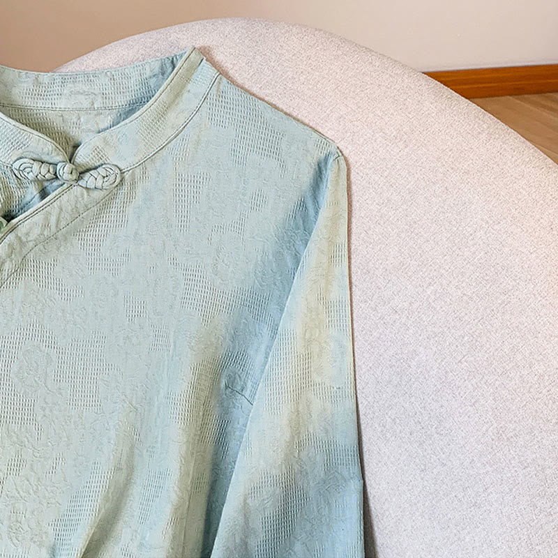 Commute Jacquard Chinese Frog-Button Mandarin Collar Long Sleeve Women's Cotton Shirt