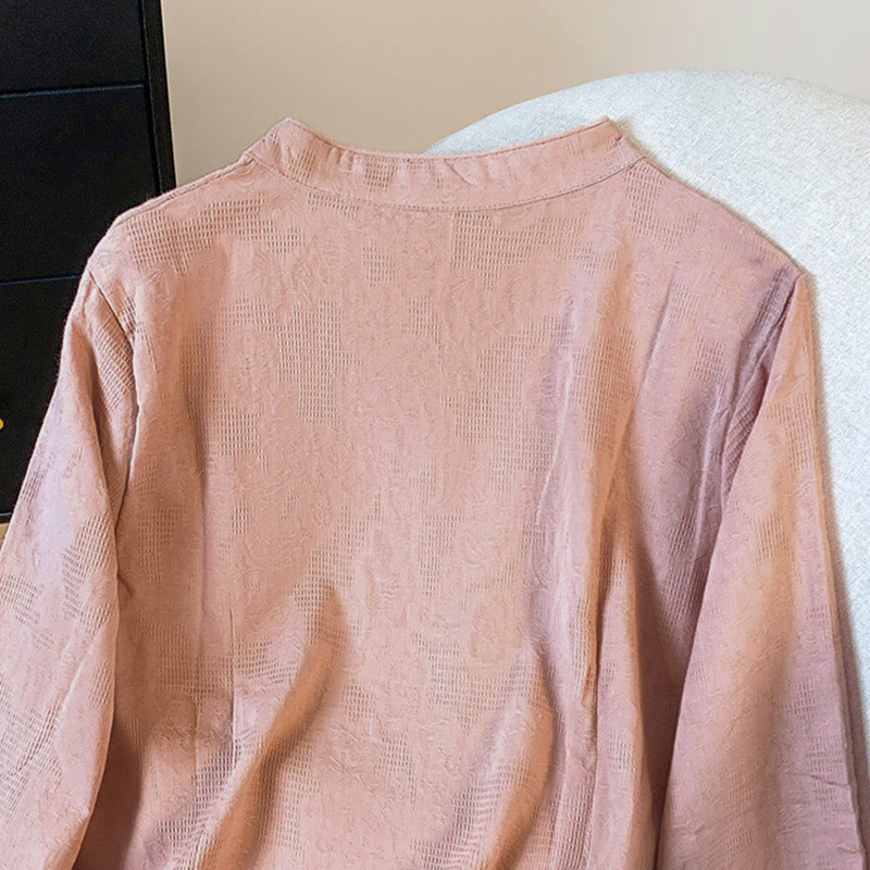 Commute Jacquard Chinese Frog-Button Mandarin Collar Long Sleeve Women's Cotton Shirt