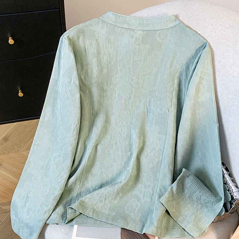 Commute Jacquard Chinese Frog-Button Mandarin Collar Long Sleeve Women's Cotton Shirt