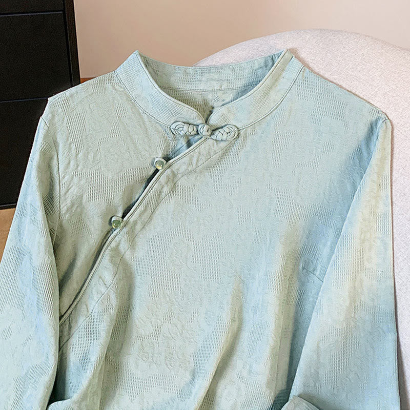 Commute Jacquard Chinese Frog-Button Mandarin Collar Long Sleeve Women's Cotton Shirt