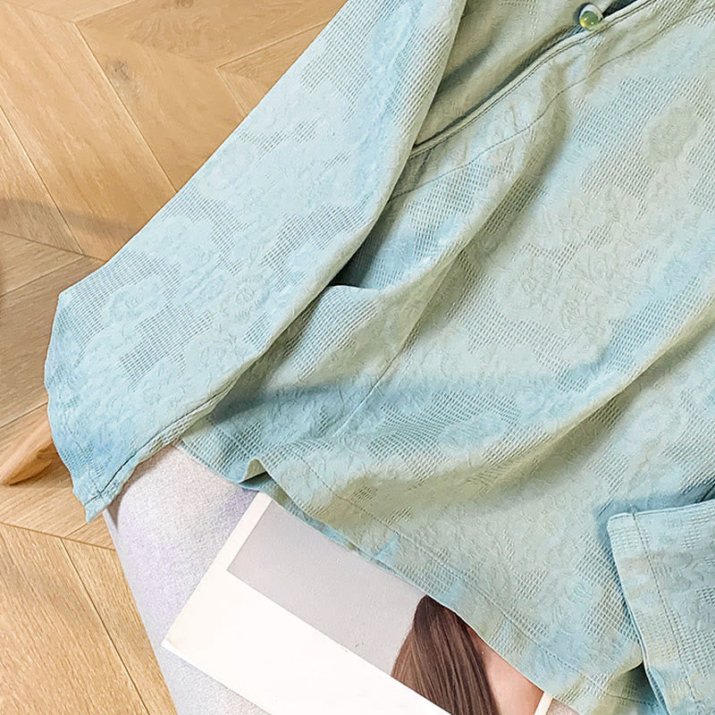 Commute Jacquard Chinese Frog-Button Mandarin Collar Long Sleeve Women's Cotton Shirt