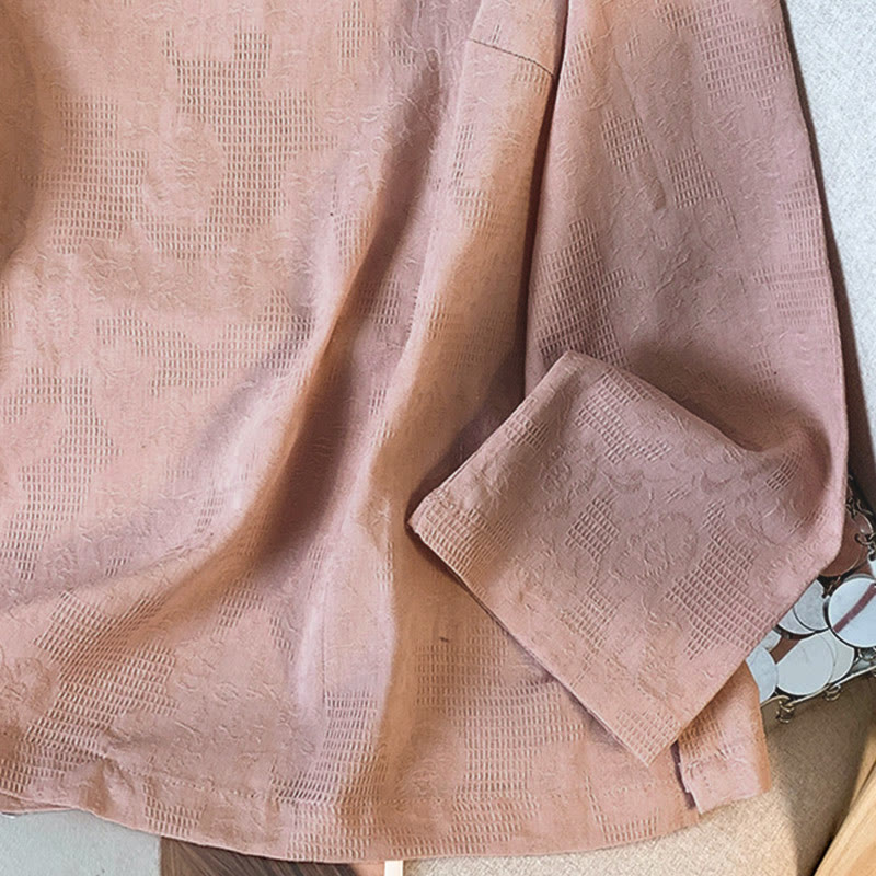 Commute Jacquard Chinese Frog-Button Mandarin Collar Long Sleeve Women's Cotton Shirt