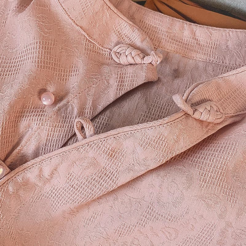 Commute Jacquard Chinese Frog-Button Mandarin Collar Long Sleeve Women's Cotton Shirt
