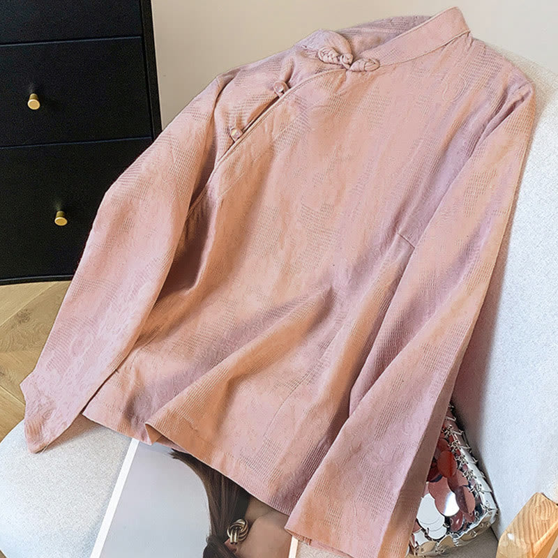 Commute Jacquard Chinese Frog-Button Mandarin Collar Long Sleeve Women's Cotton Shirt