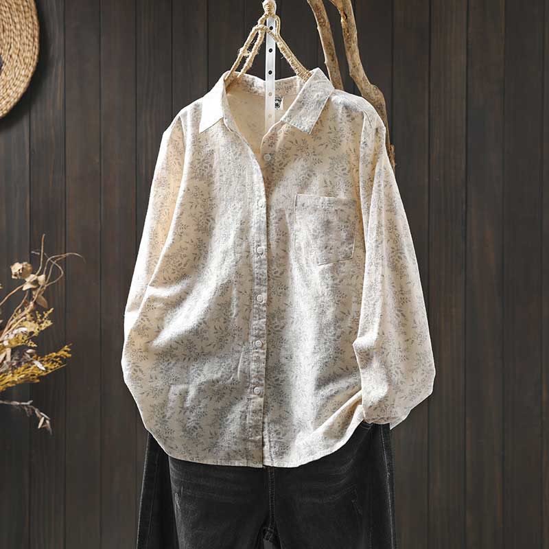 Floral Print Cotton Stand Collar Long Sleeve Meditation Shirt