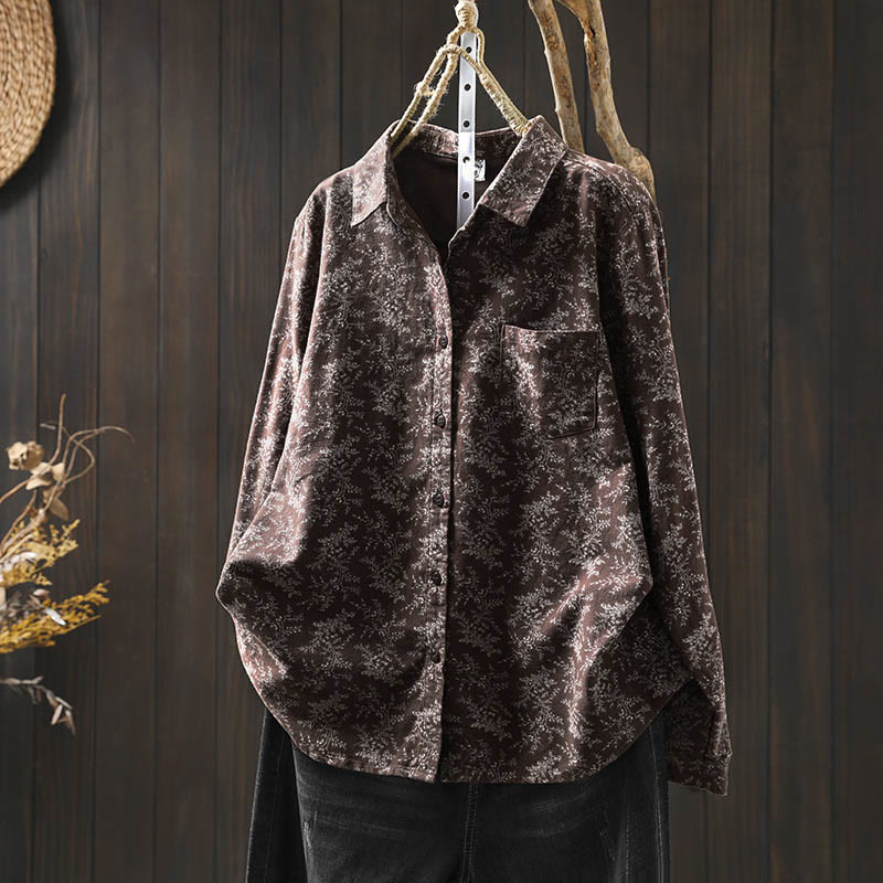 Floral Print Cotton Stand Collar Long Sleeve Meditation Shirt
