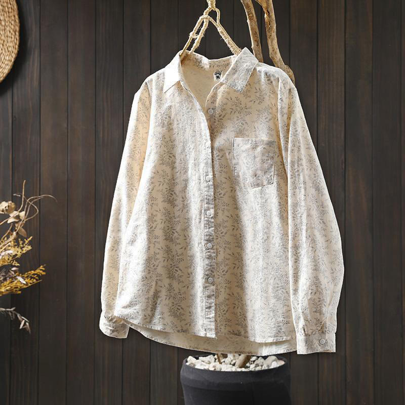 Floral Print Cotton Stand Collar Long Sleeve Meditation Shirt