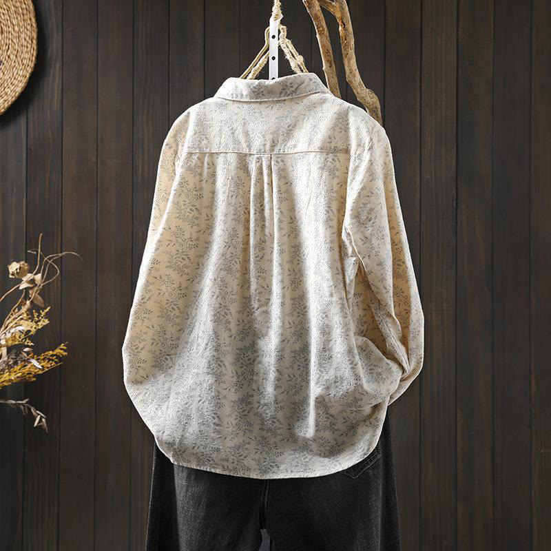 Floral Print Cotton Stand Collar Long Sleeve Meditation Shirt