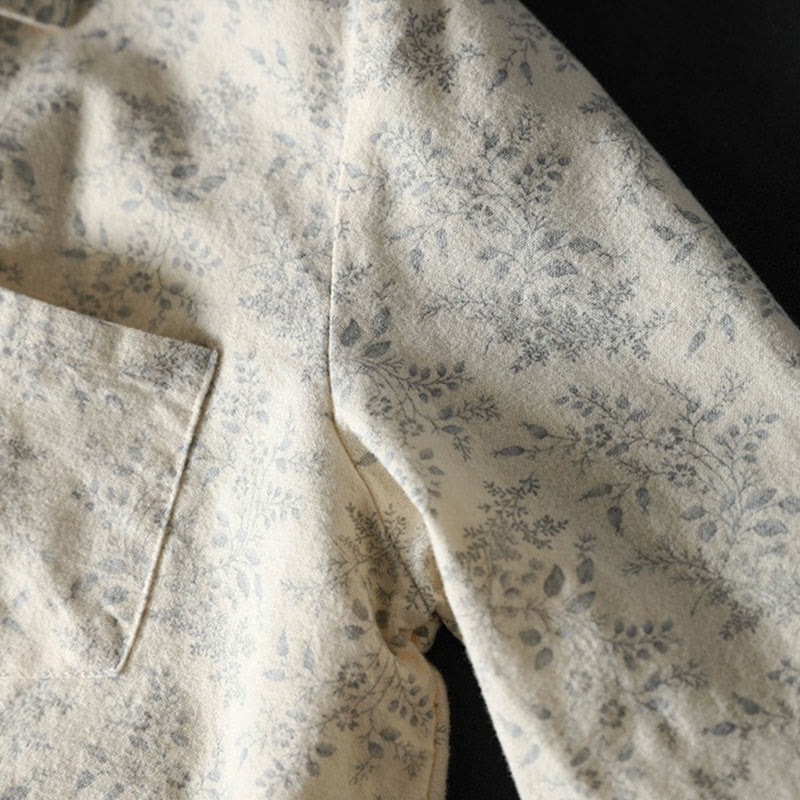 Floral Print Cotton Stand Collar Long Sleeve Meditation Shirt