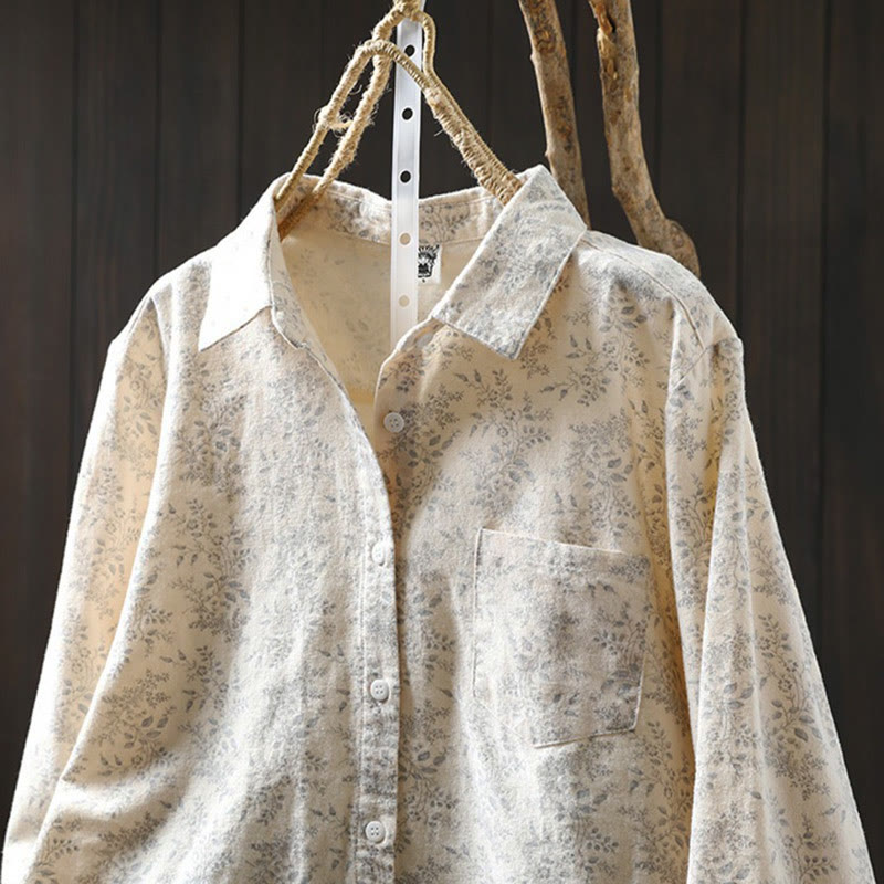 Floral Print Cotton Stand Collar Long Sleeve Meditation Shirt