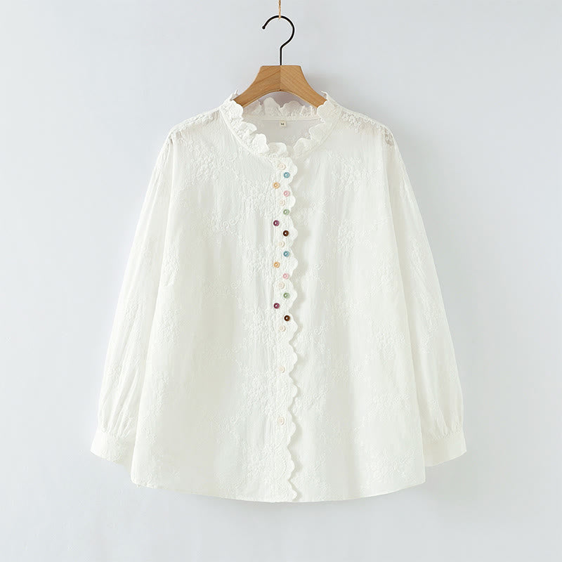 Tactile Cotton Embroidered Ruffled Collar Mindful Shirt