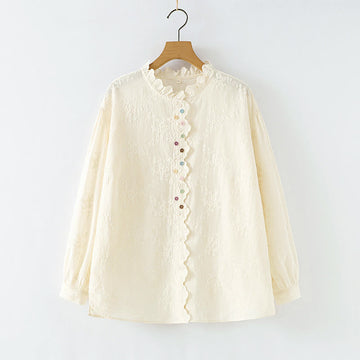Tactile Cotton Embroidered Ruffled Collar Mindful Shirt