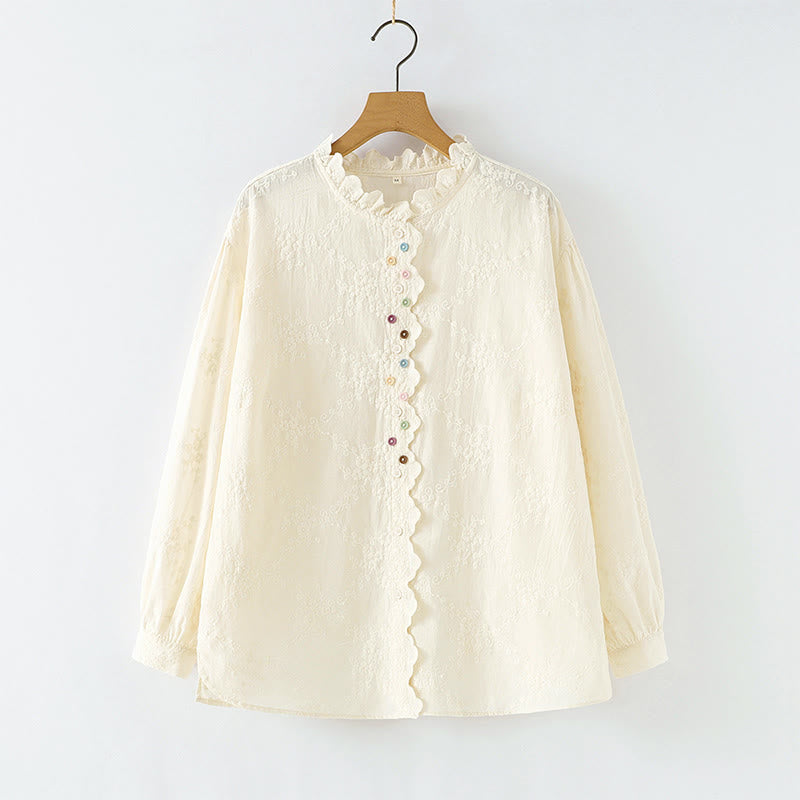 Tactile Cotton Embroidered Ruffled Collar Mindful Shirt