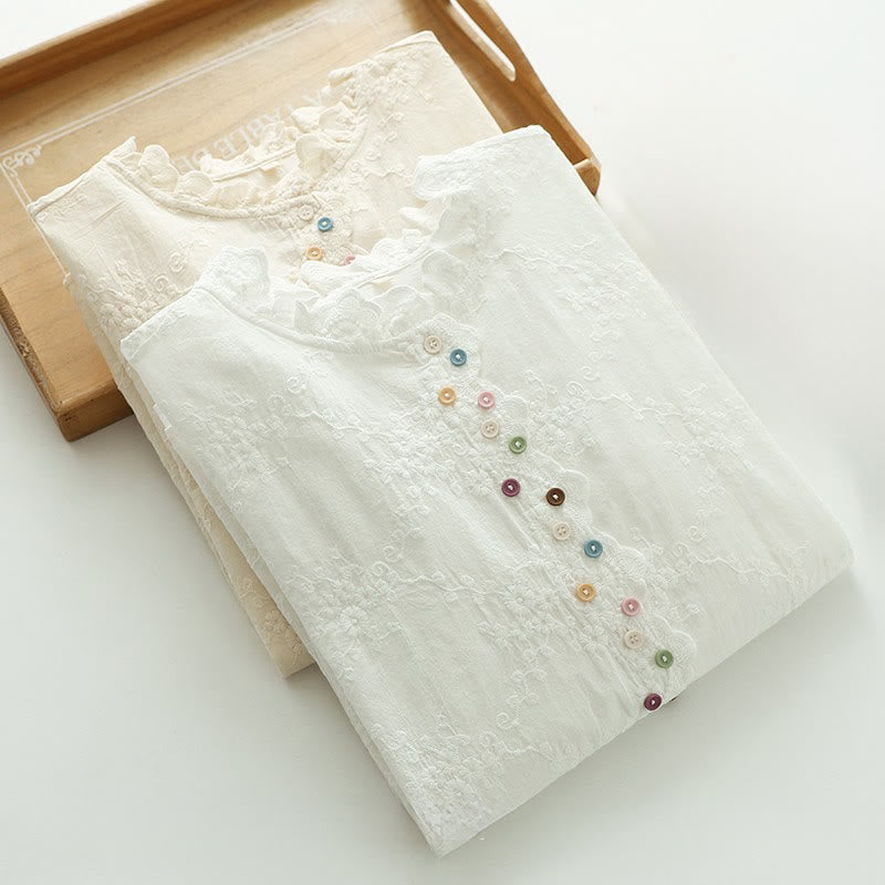 Tactile Cotton Embroidered Ruffled Collar Mindful Shirt