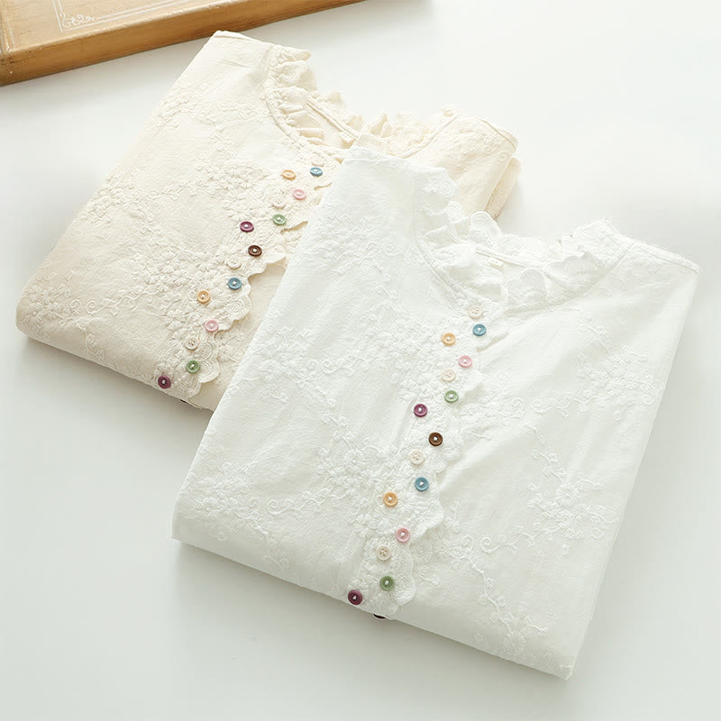 Tactile Cotton Embroidered Ruffled Collar Mindful Shirt