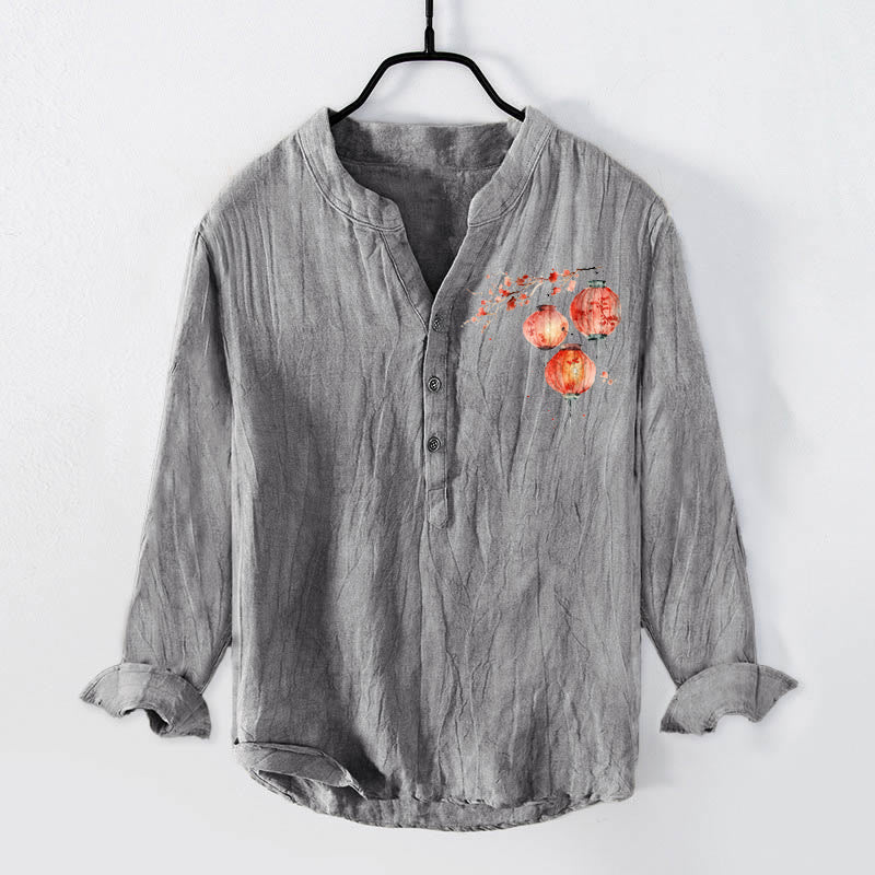 Cotton Linen Stand Collar Symbolic Print Meditation Shirt