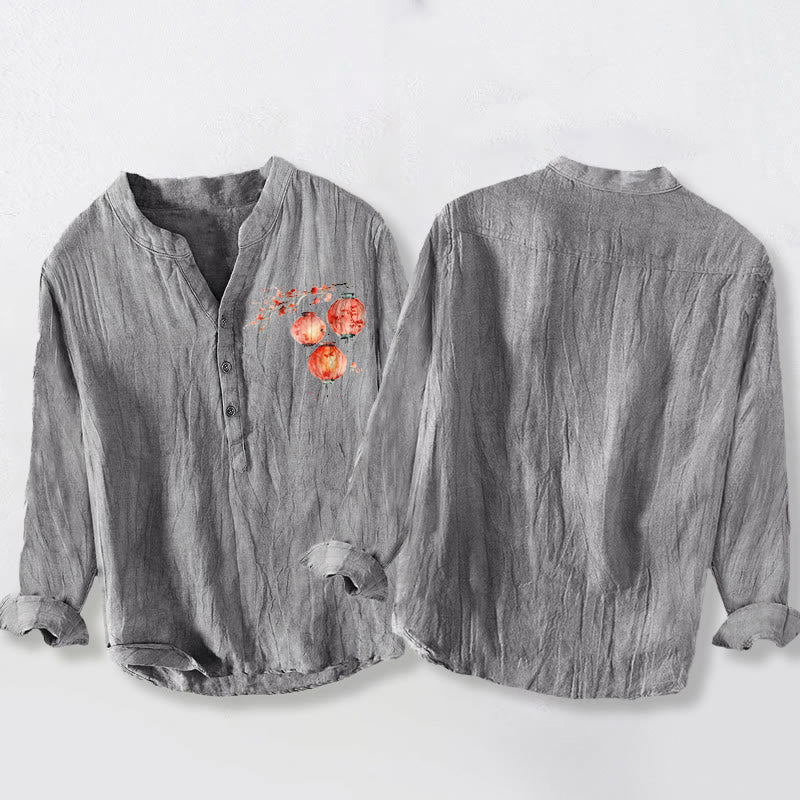Cotton Linen Stand Collar Symbolic Print Meditation Shirt