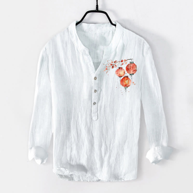Cotton Linen Stand Collar Symbolic Print Meditation Shirt