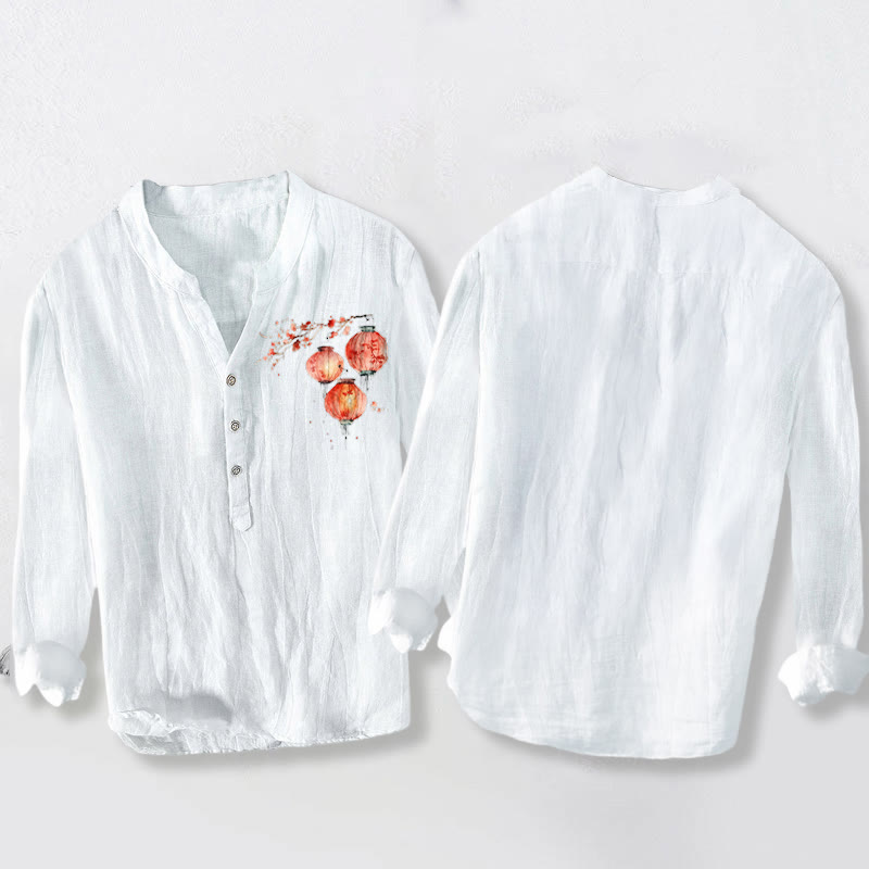 Cotton Linen Stand Collar Symbolic Print Meditation Shirt