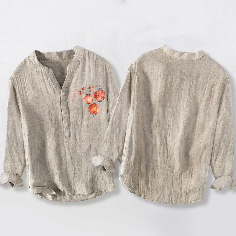Cotton Linen Stand Collar Symbolic Print Meditation Shirt